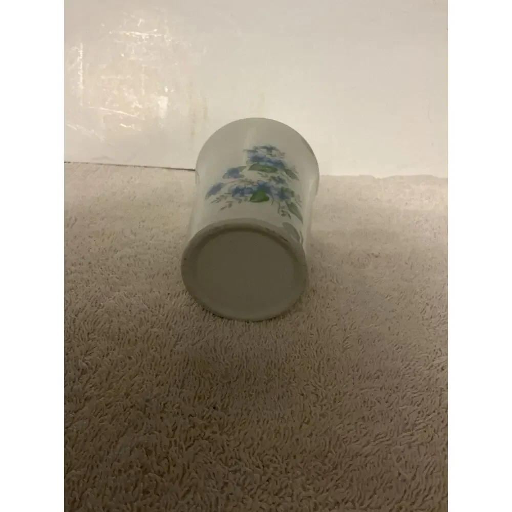 Vintage Porcelain Tumbler Bath Cup Holder Floral Blue Small Gold Rim